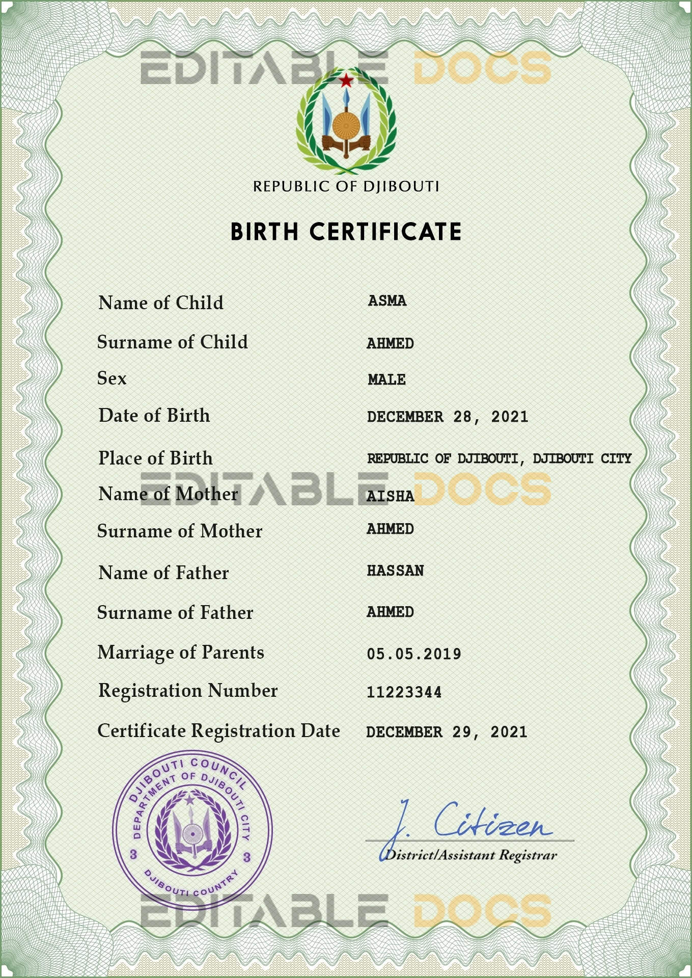 Djibouti vital record birth certificate PSD template Authentic Djibouti Birth Certificate Template | Customize and Download Online