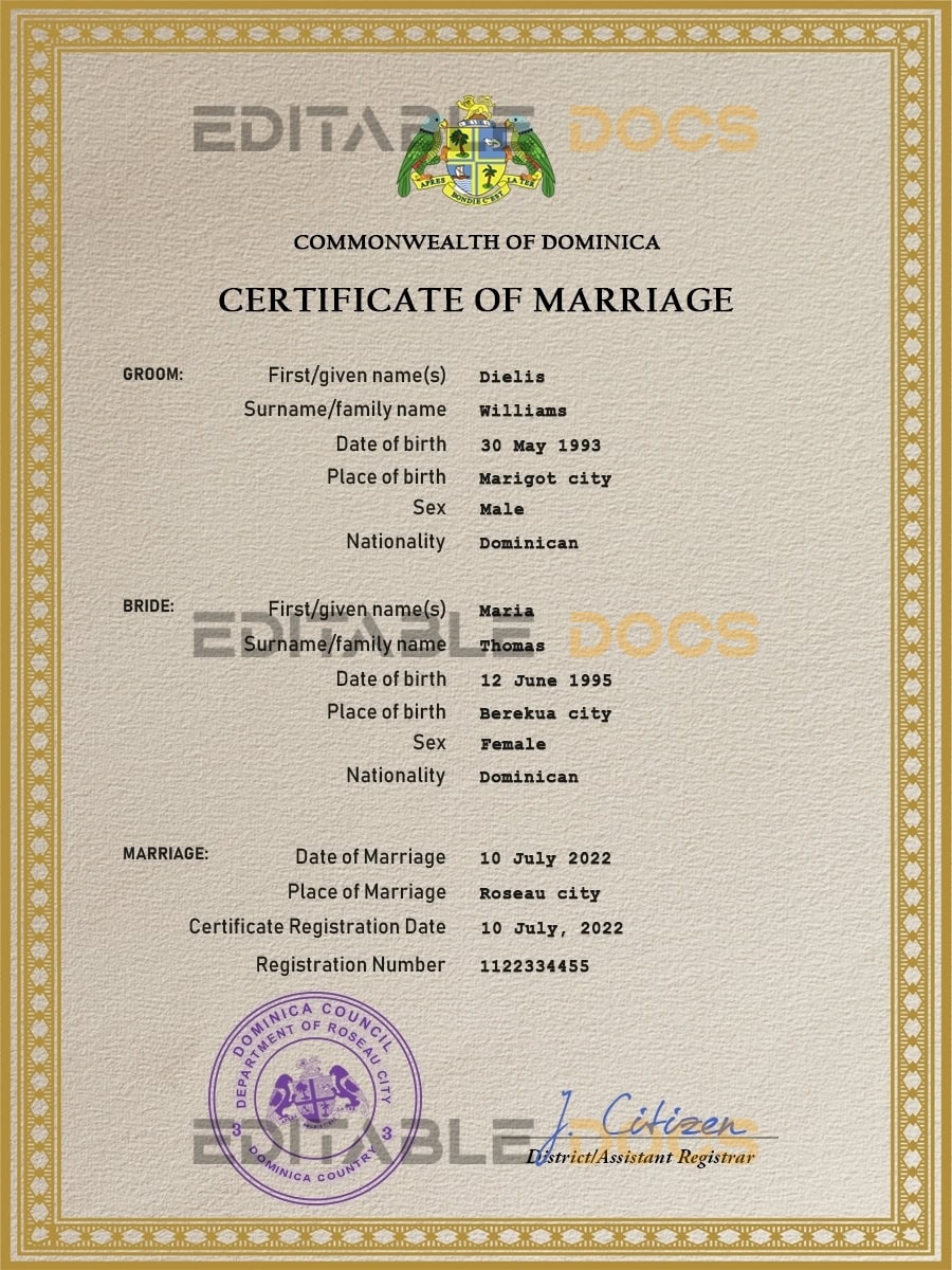Dominica Marriage Certificate Editable PSD Templates