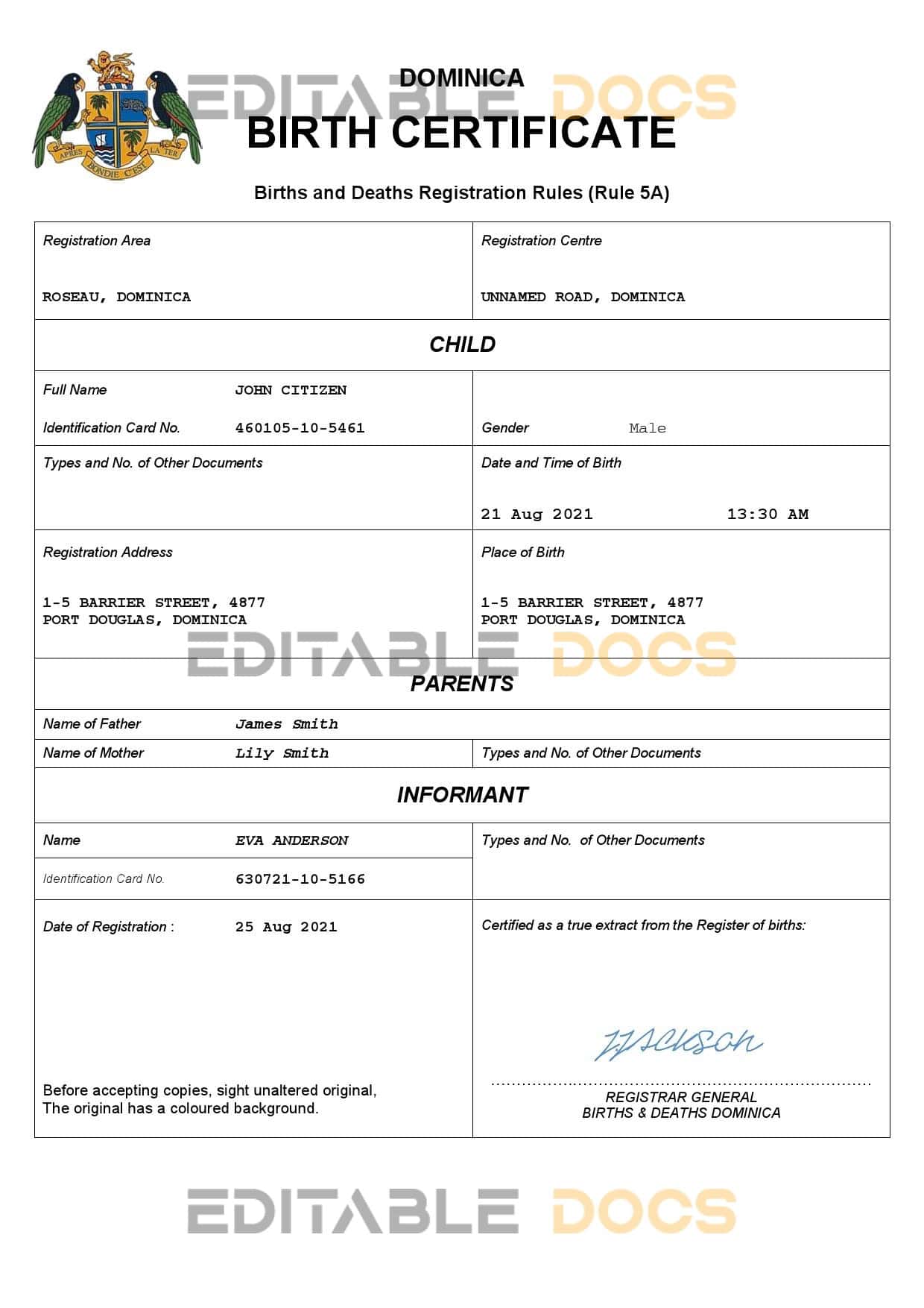 Dominica-birth-certificate.jpg Dominica vital record birth certificate Word and PDF template