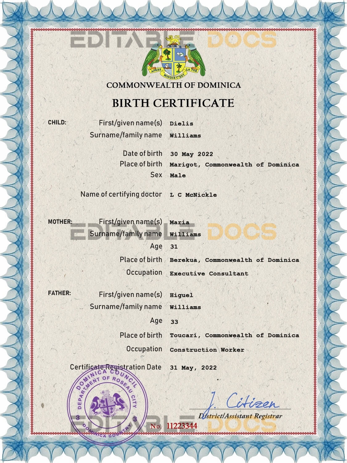 Dominica vital record birth certificate PSD template Authentic Dominica Birth Certificate Template | Customize and Download Online
