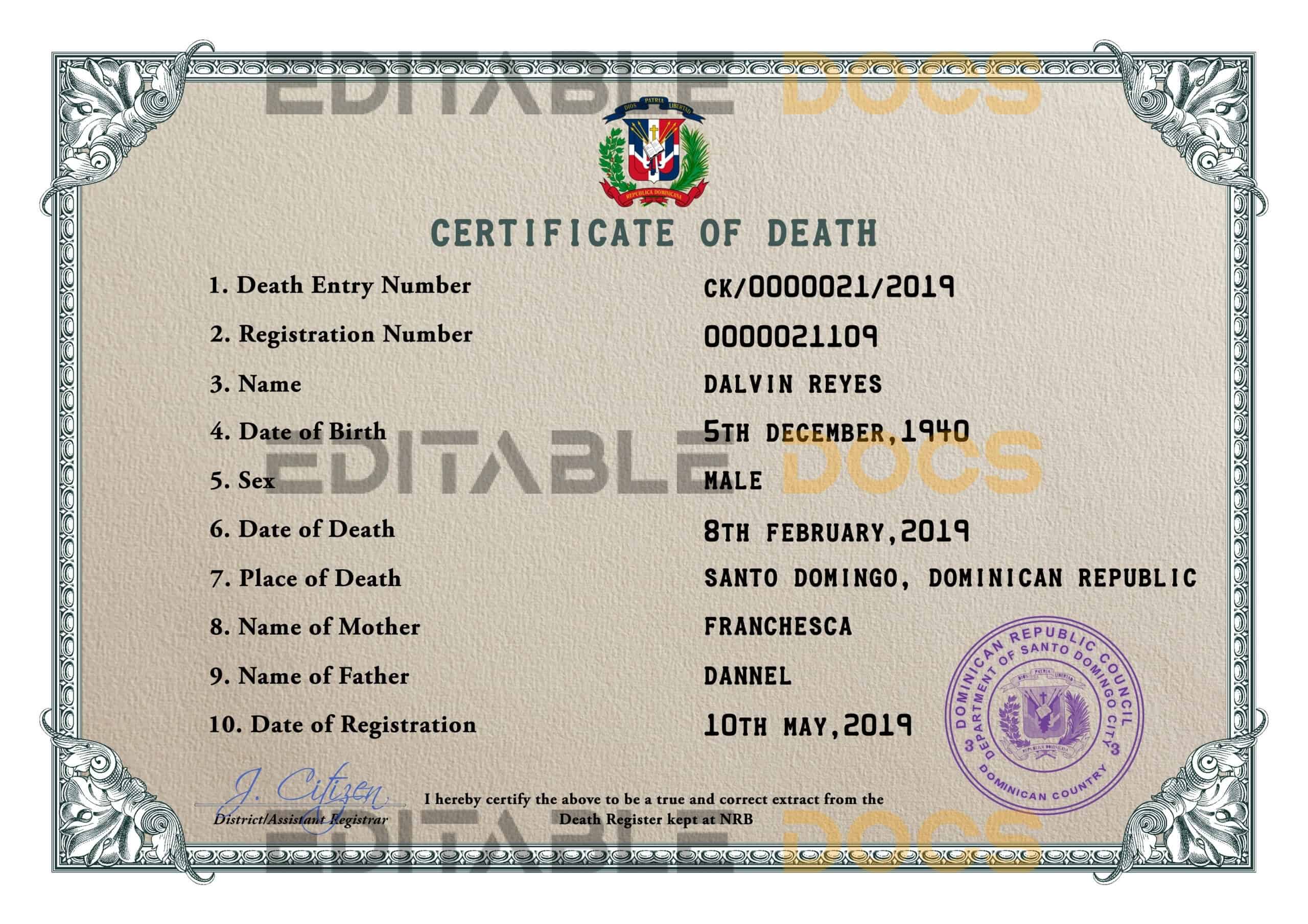 Dominican Republic vital record death certificate PSD template