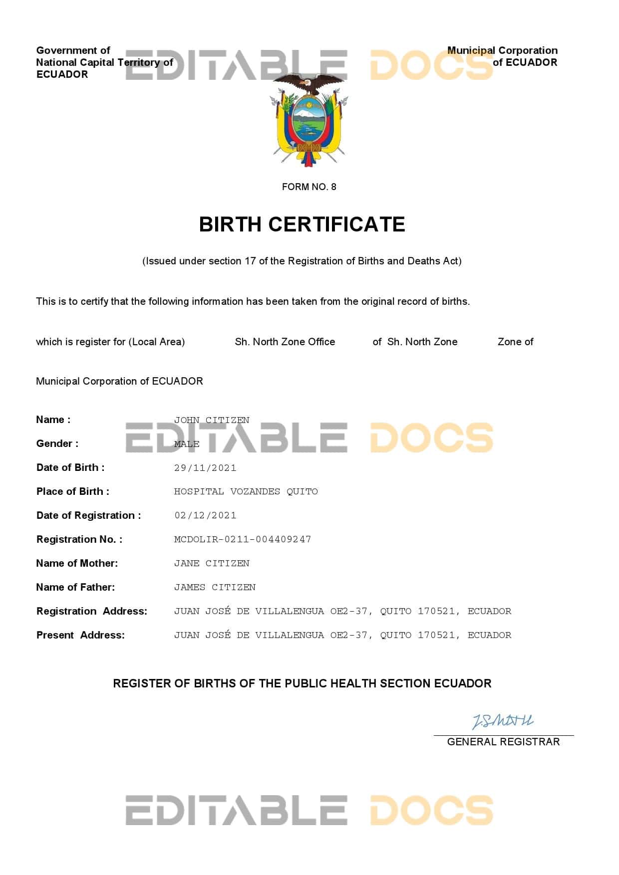 Ecuador-birth-certificate.jpg Ecuador vital record birth certificate Word and PDF template