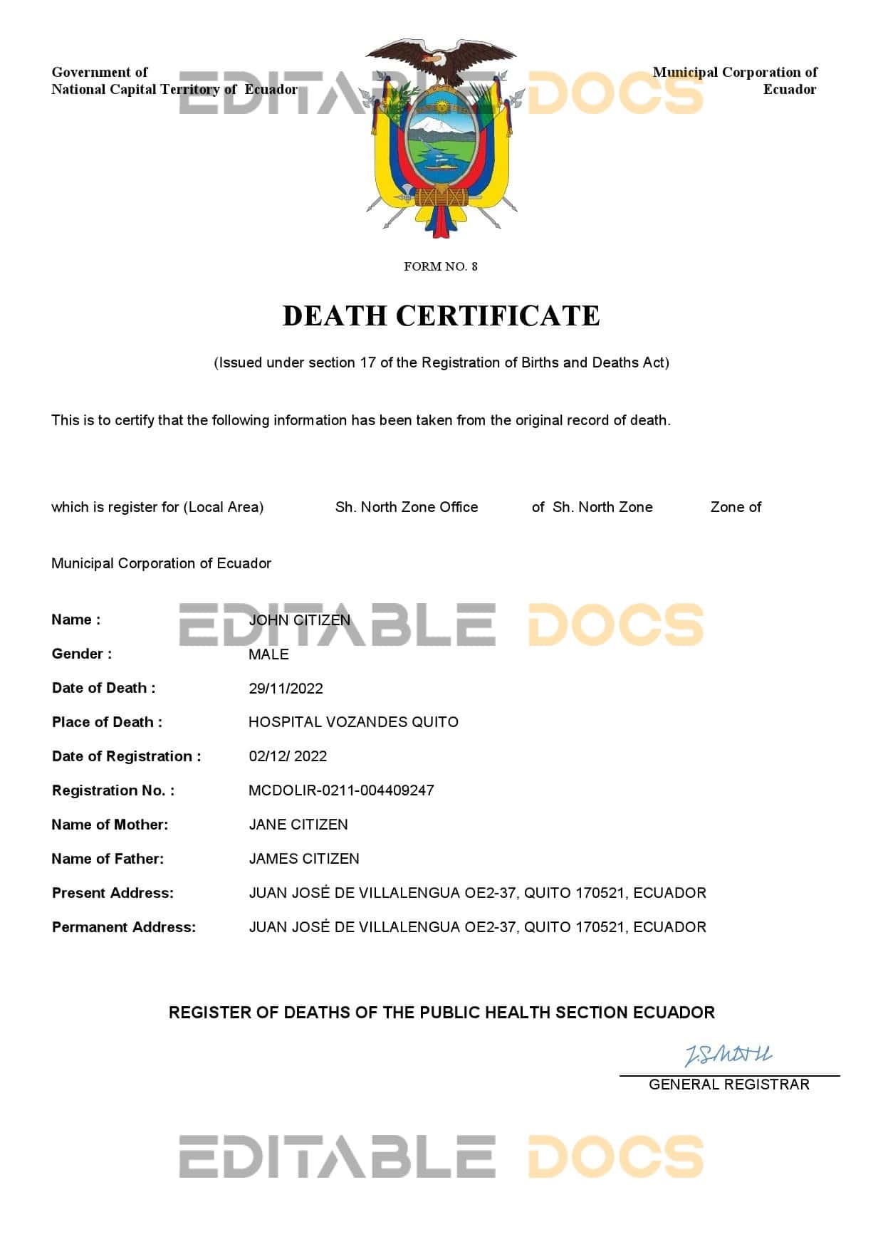 Ecuador vital record death certificate Word and PDF template Ecuador vital record death certificate Word and PDF template