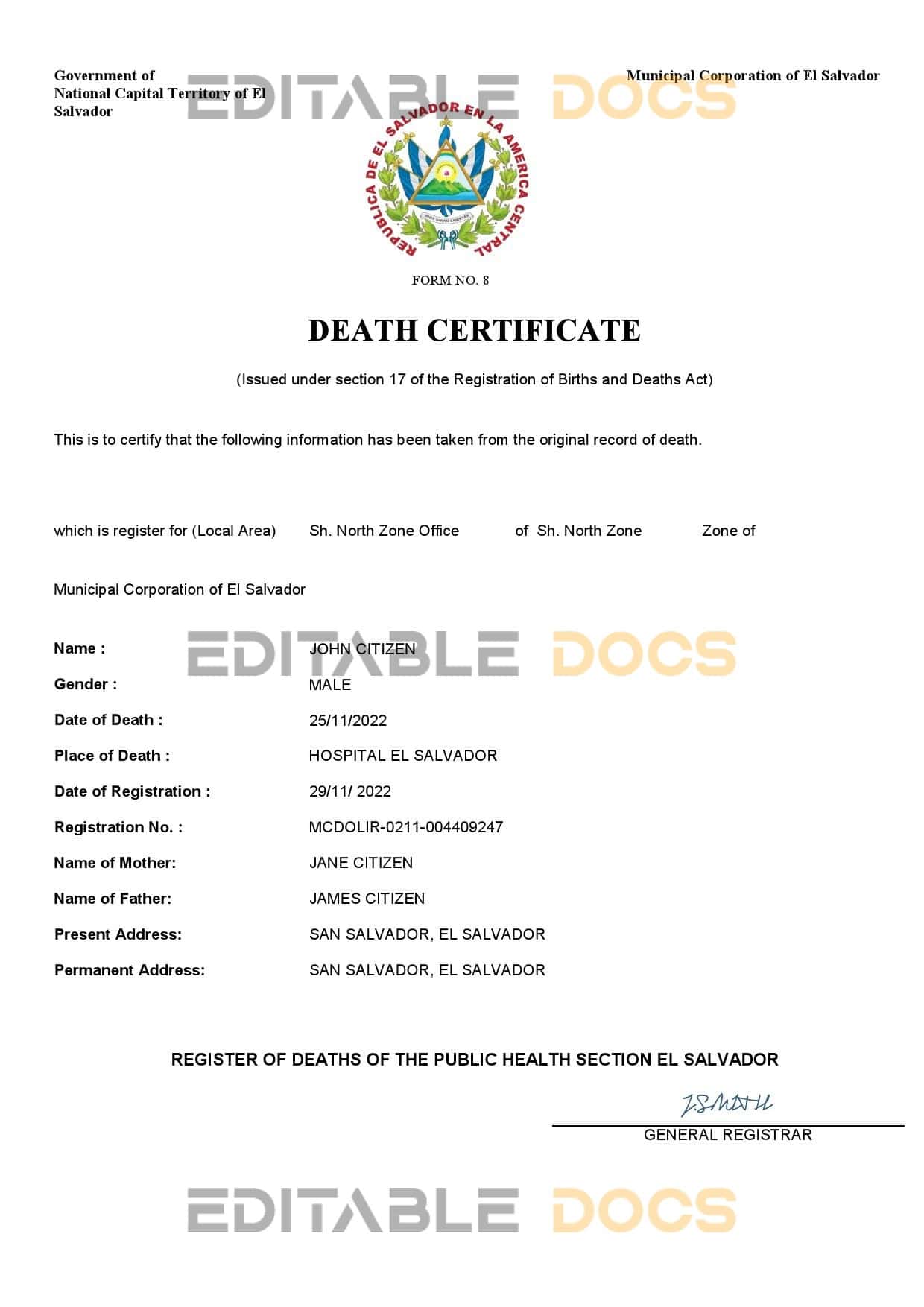El Salvador vital record death certificate Word and PDF template