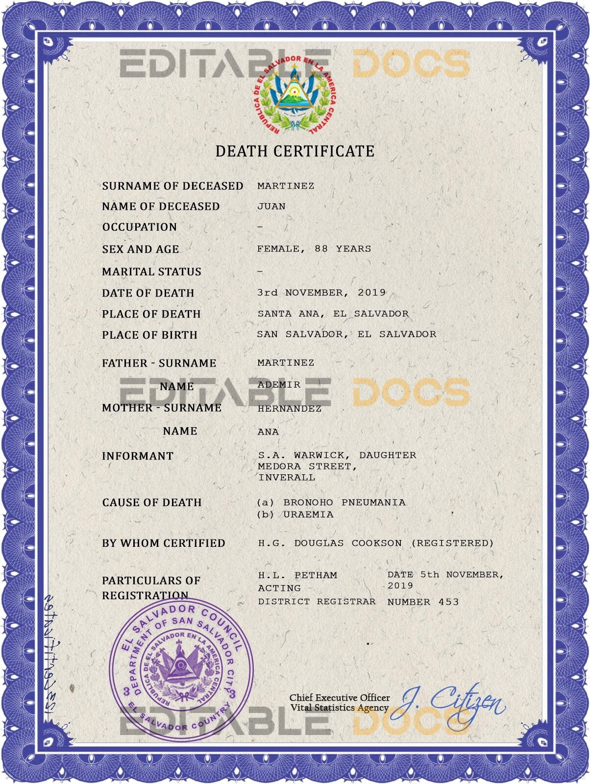 El Salvador vital record death certificate PSD template El Salvador vital record death certificate PSD template