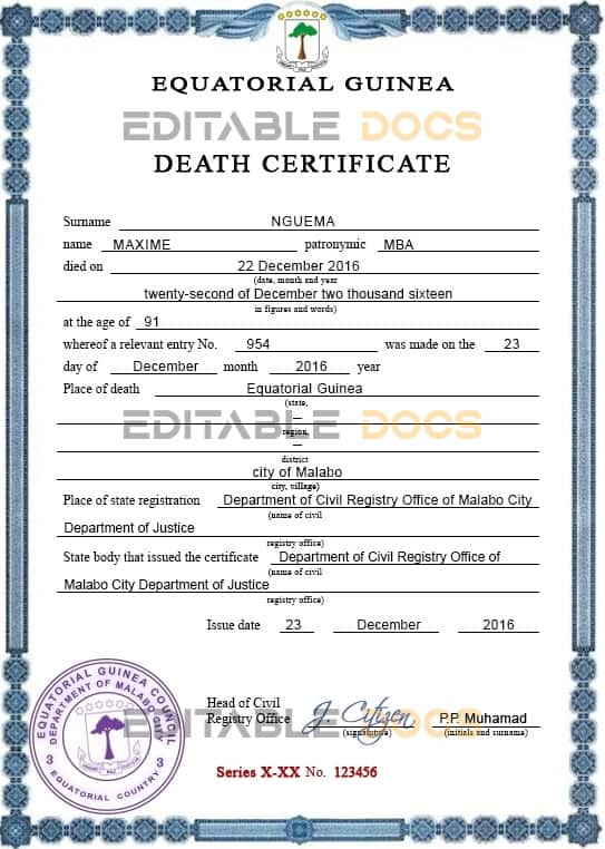 Equatorial Guinea death certificate PSD template