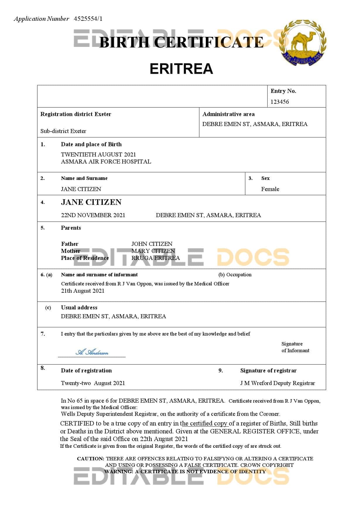 Eritrea vital record birth certificate Word and PDF template