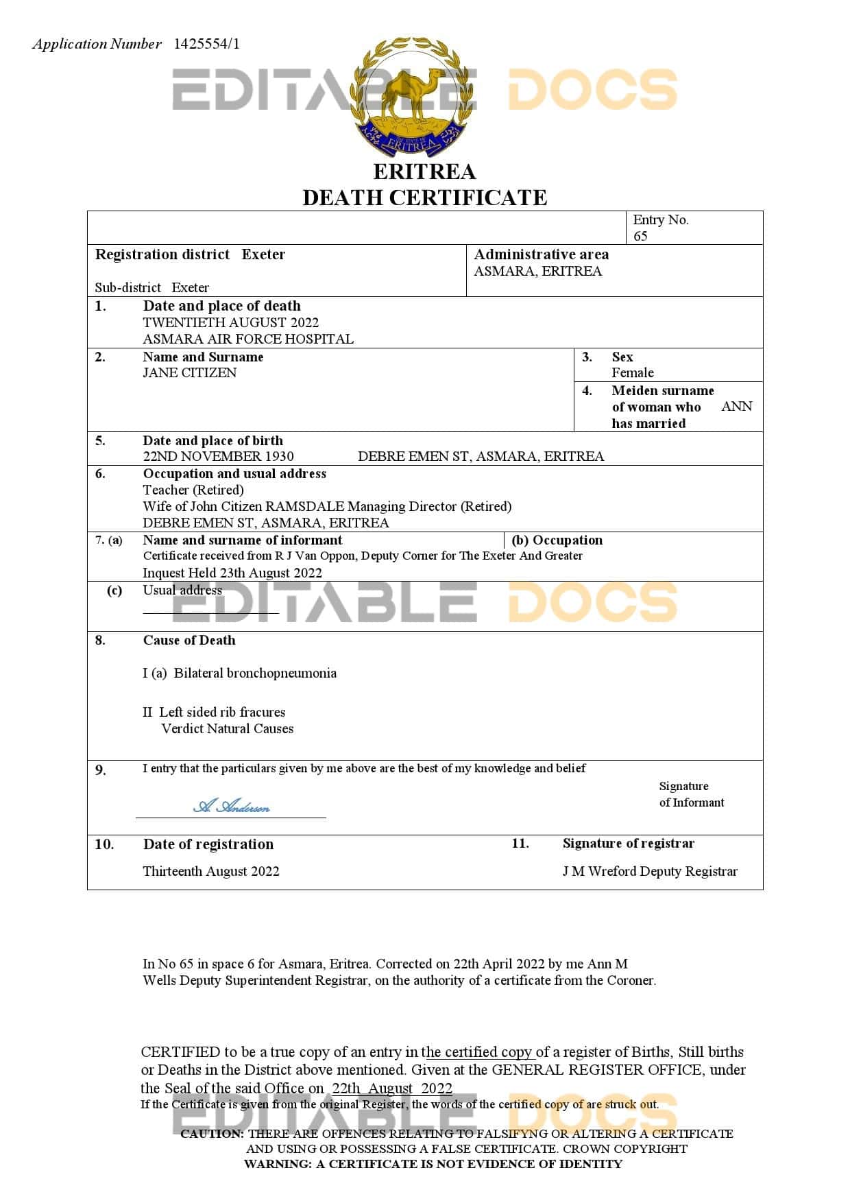 Eritrea vital record death certificate Word and PDF template