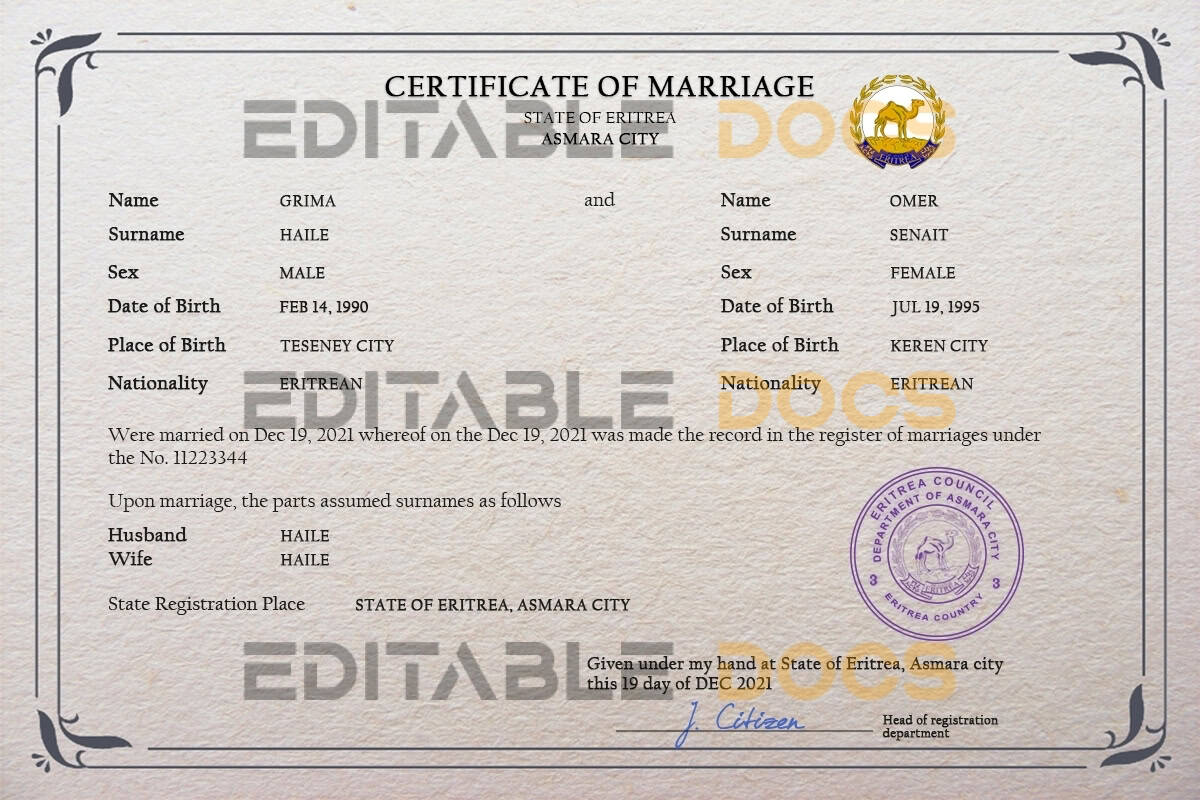 Eritrea Marriage Certificate Editable PSD Templates Eritrea Marriage Certificate Editable PSD Templates