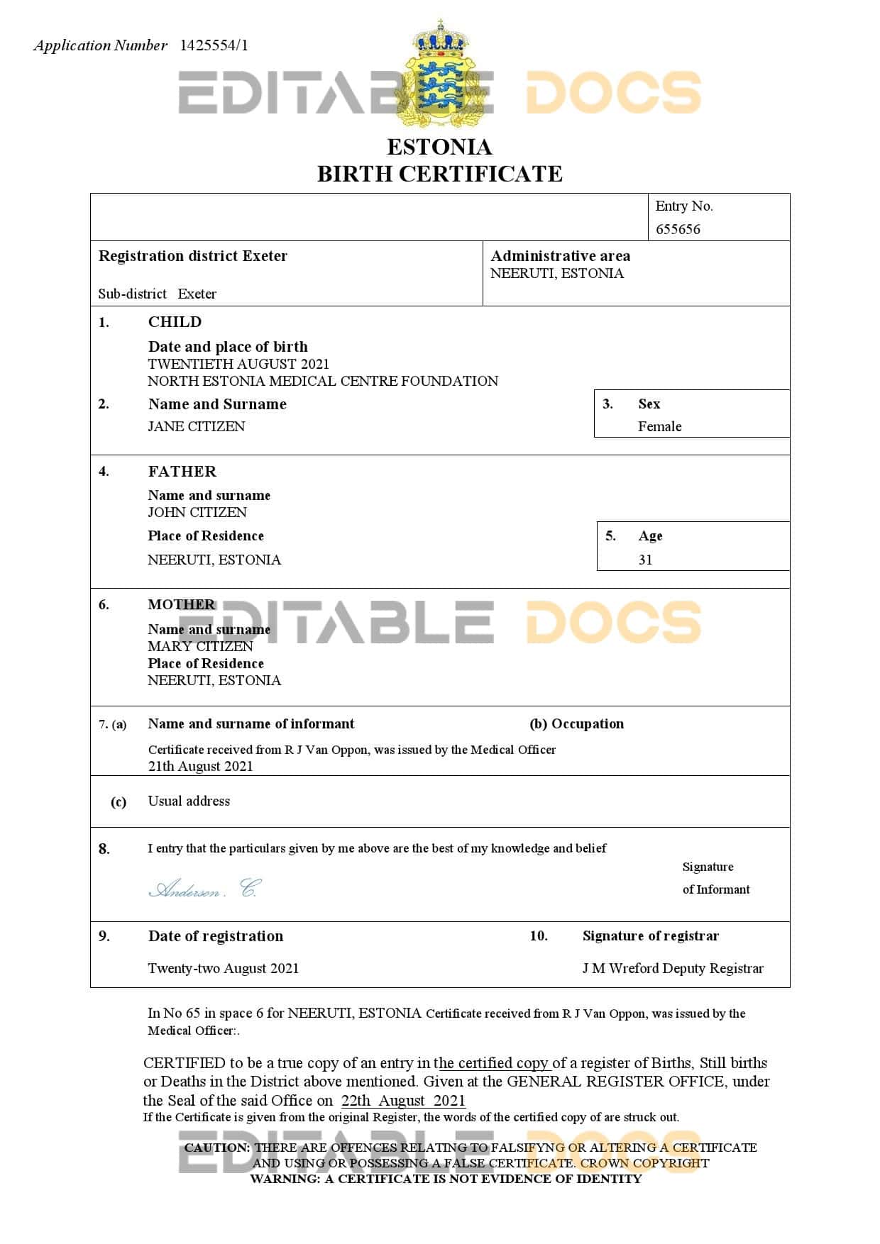 Estonia-birth-certificate.jpg Estonia vital record birth certificate Word and PDF template