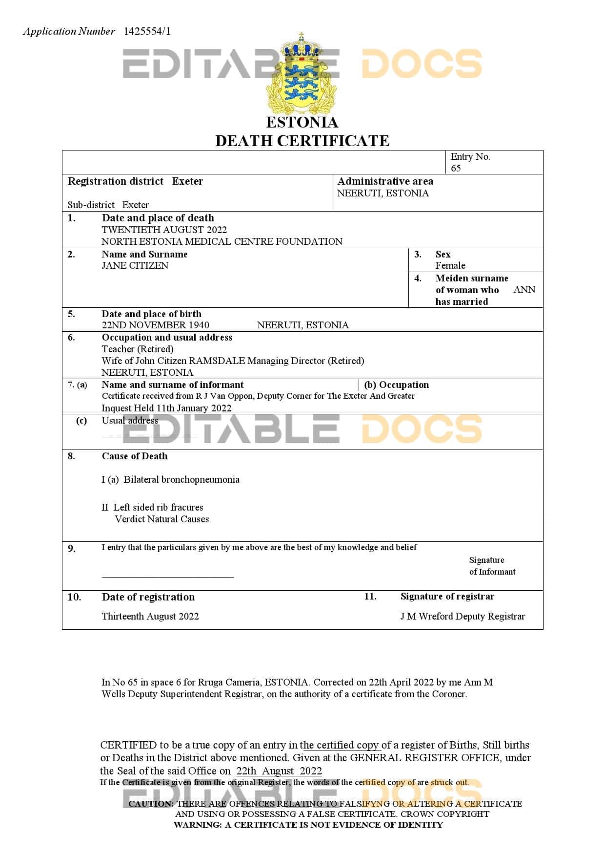 Estonia death certificate Word and PDF template