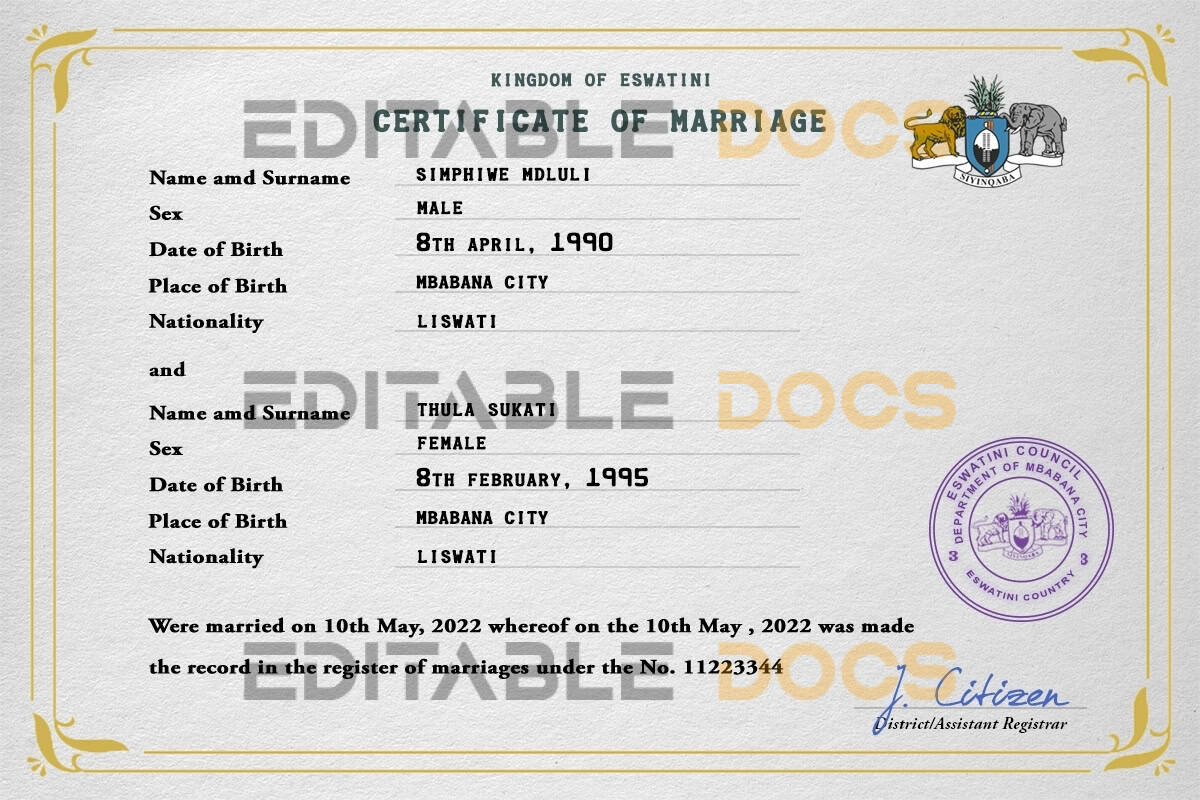 Eswatini Marriage Certificate Editable PSD Templates Eswatini Marriage Certificate Editable PSD Templates
