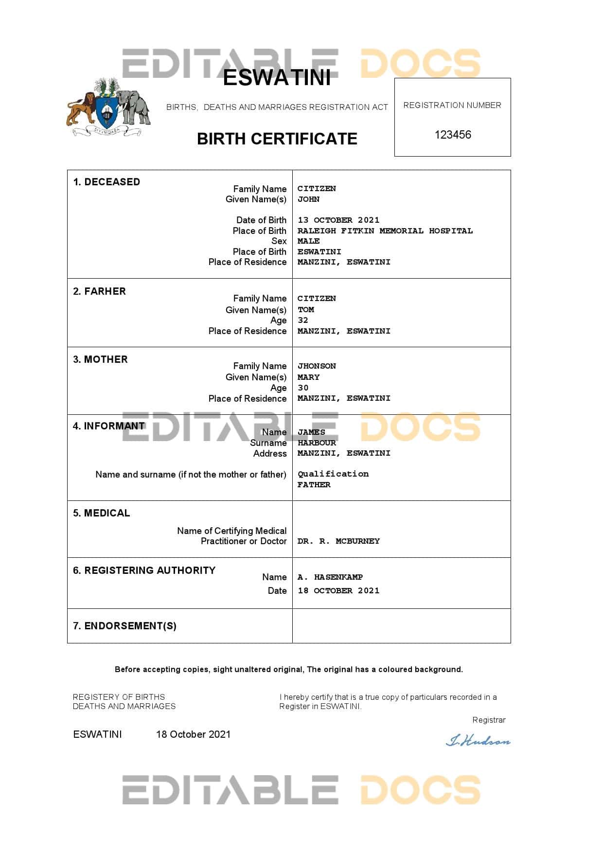 Eswatini-birth-certificate.jpg Eswatini birth certificate Word and PDF template