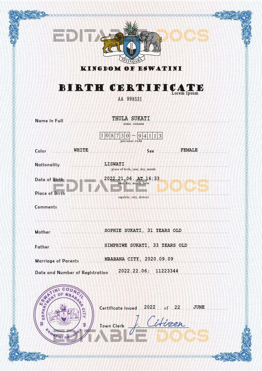 Eswatini vital record birth certificate PSD template Authentic Eswatini Birth Certificate Template | Customize and Download Online