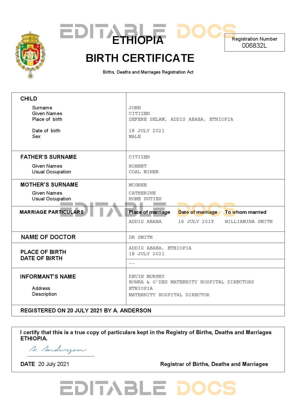 Ethiopia vital record birth certificate Word and PDF template