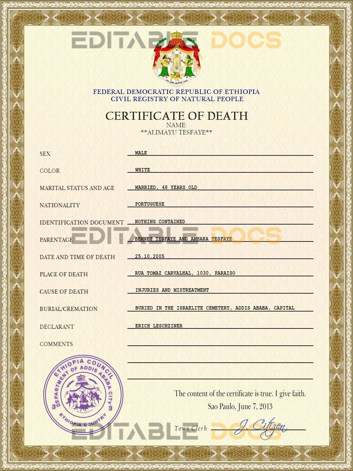 Ethiopia vital record death certificate PSD template Ethiopia vital record death certificate PSD template