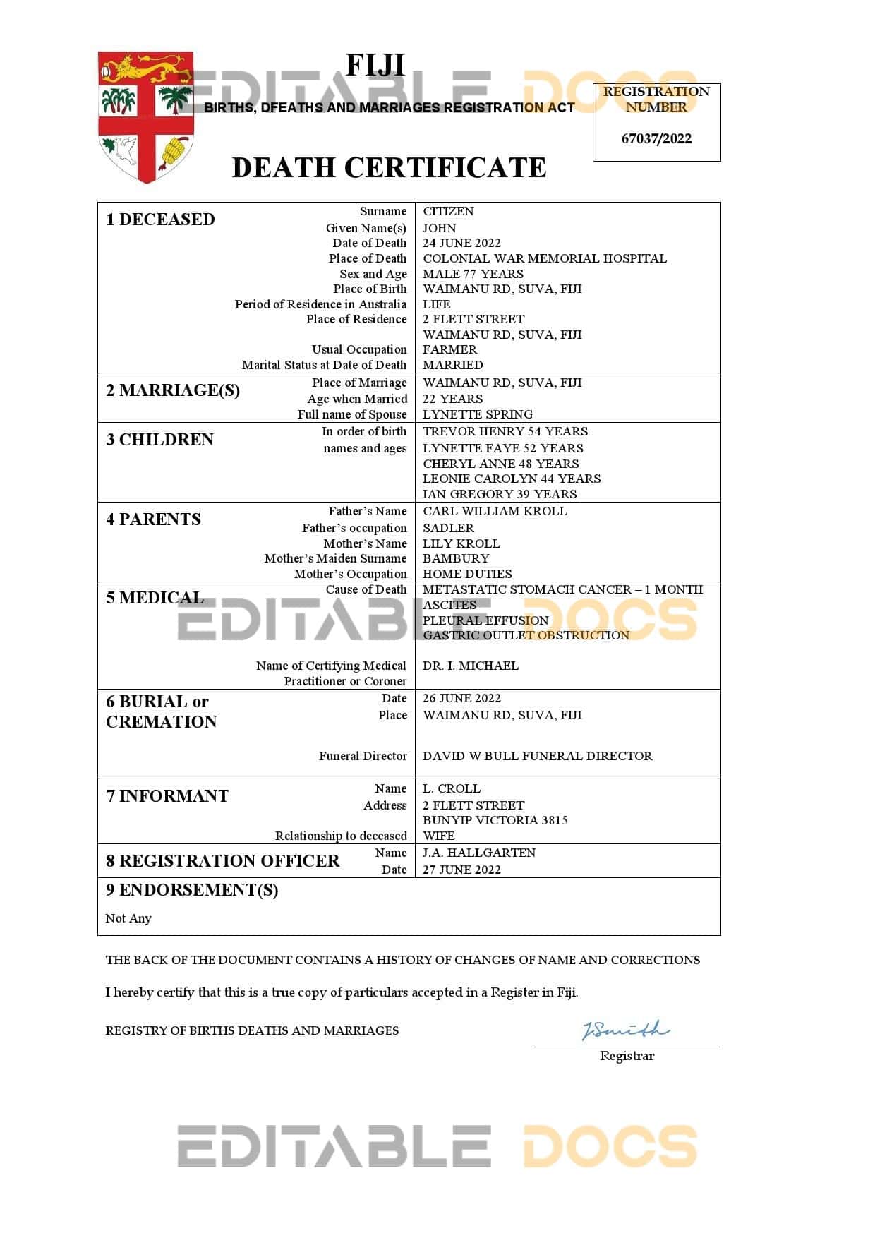 Fiji vital record death certificate Word and PDF template