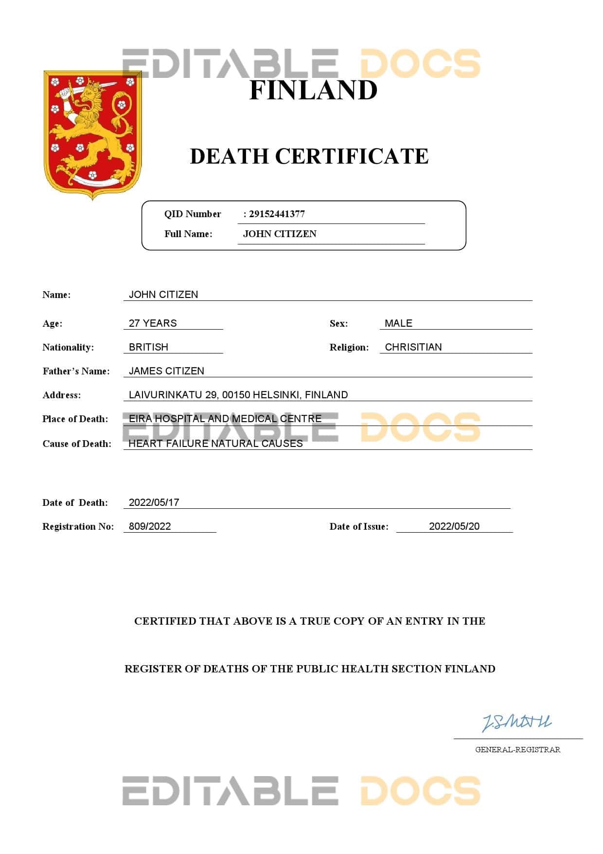 Finland death certificate Word and PDF template