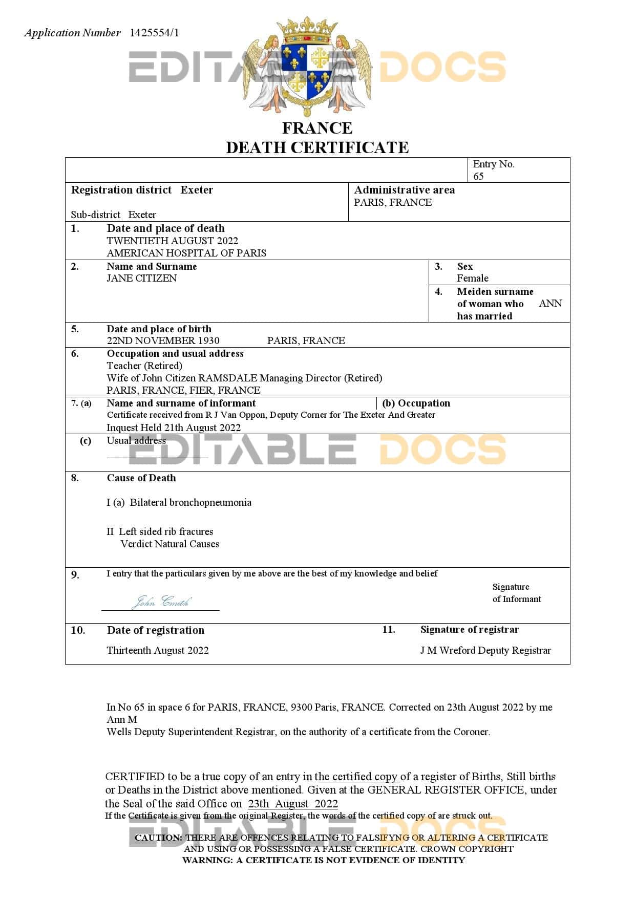France vital record death certificate Word and PDF template