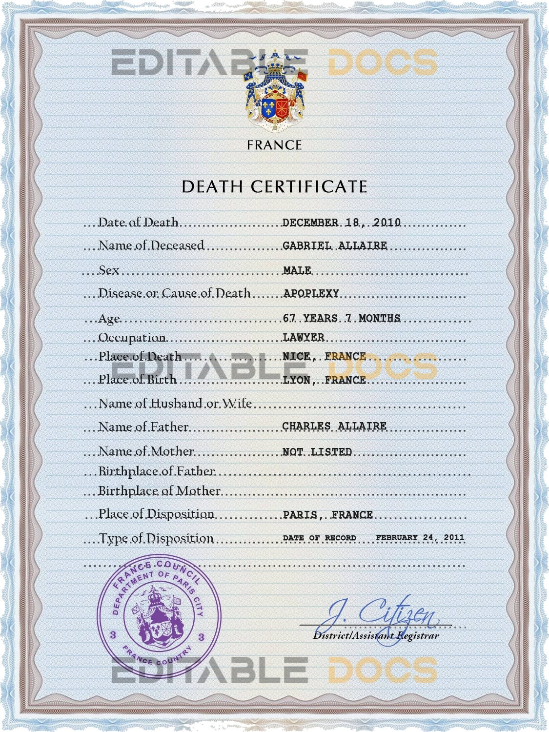 France vital record death certificate PSD template