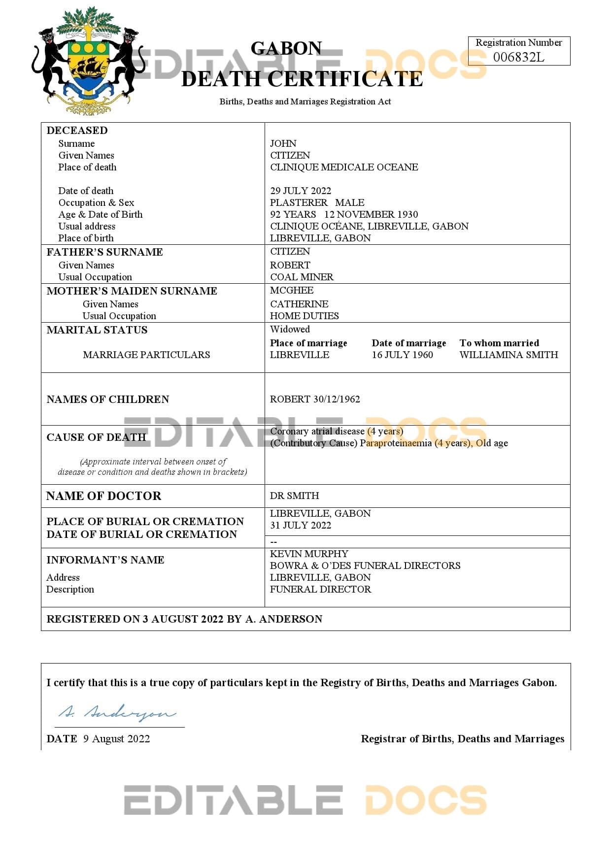 Gabon death certificate Word and PDF template