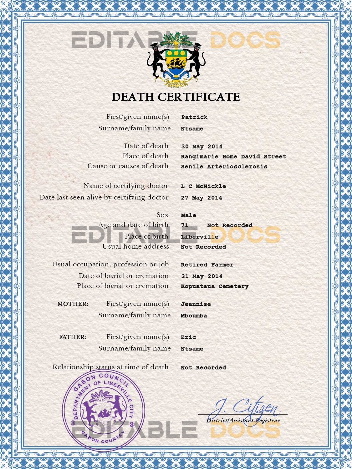 Gabon vital record death certificate PSD template Gabon vital record death certificate PSD template