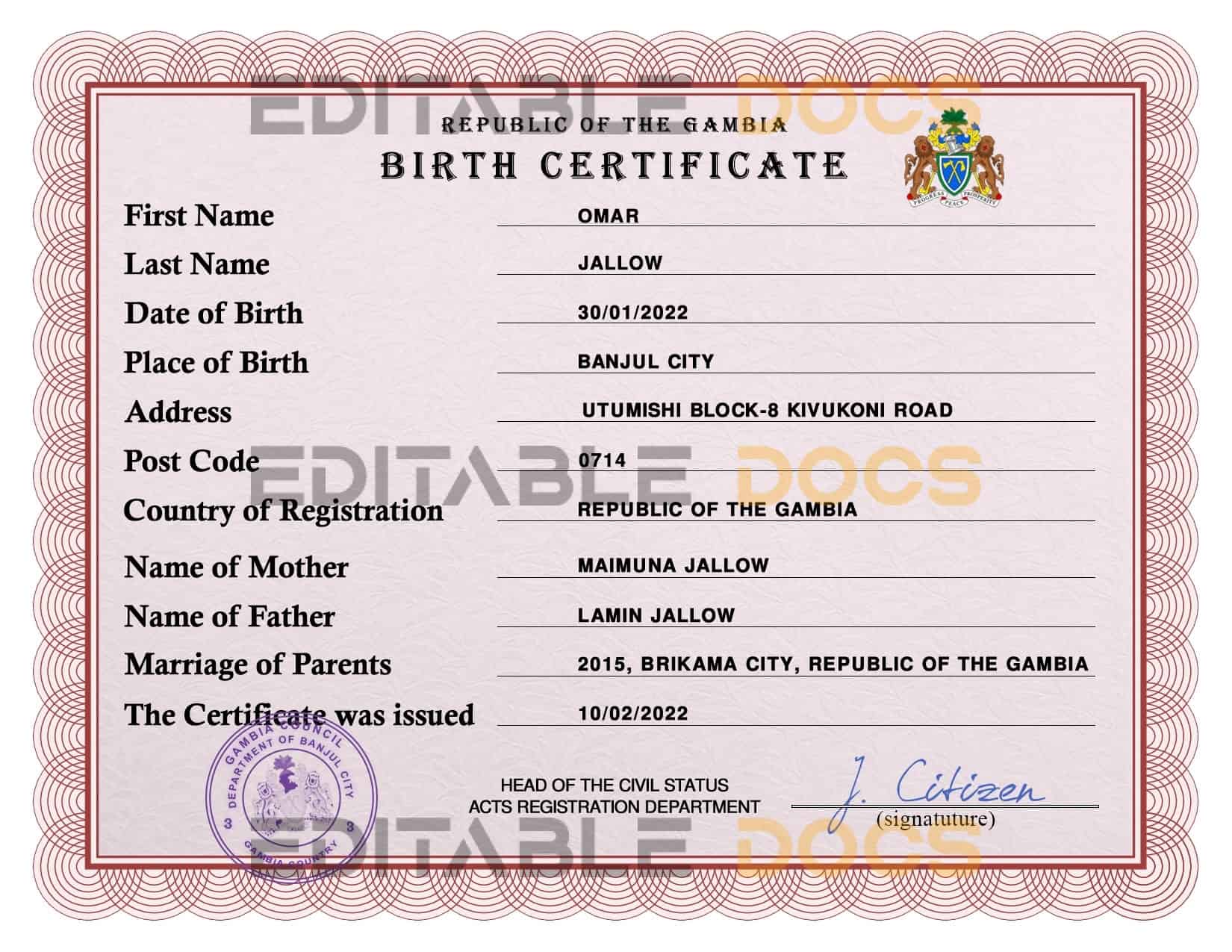 Gambia vital record birth certificate PSD template Authentic Gambia Birth Certificate Template | Customize and Download Online