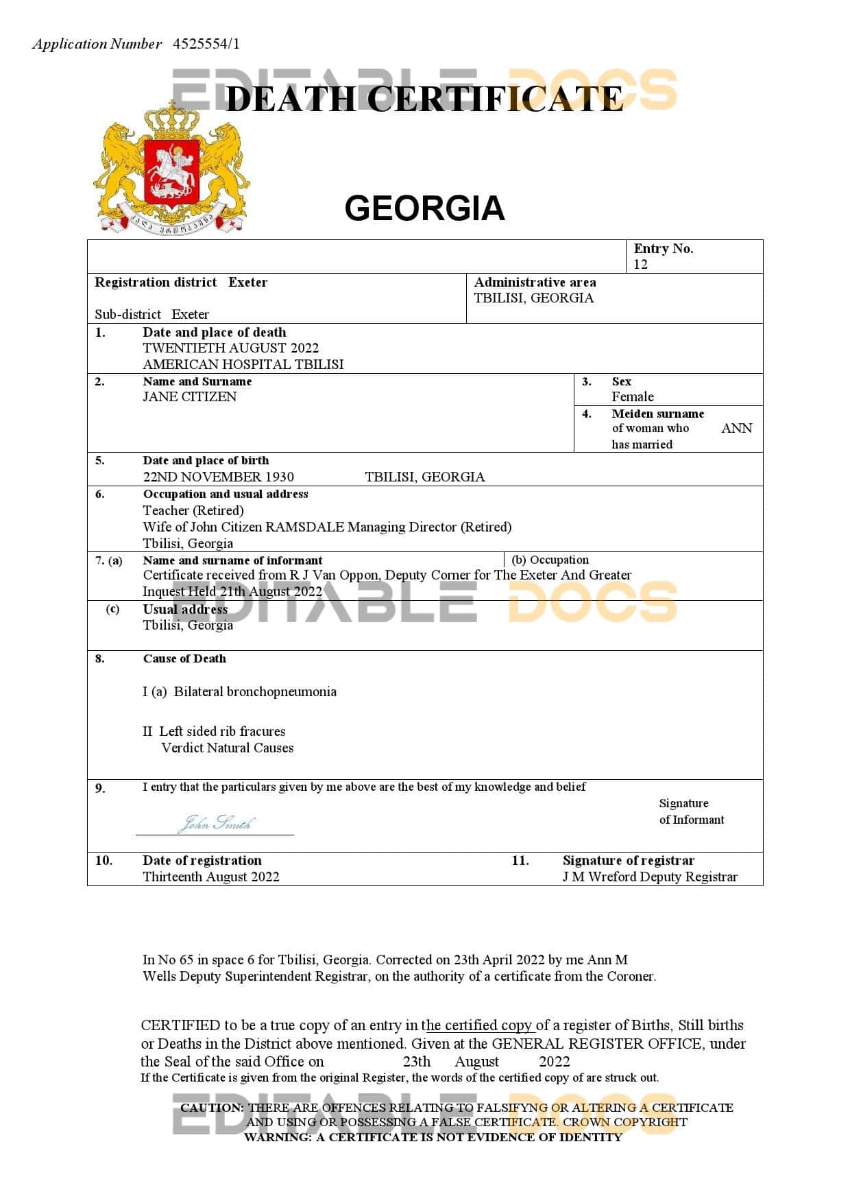 Georgia vital record death certificate Word and PDF template