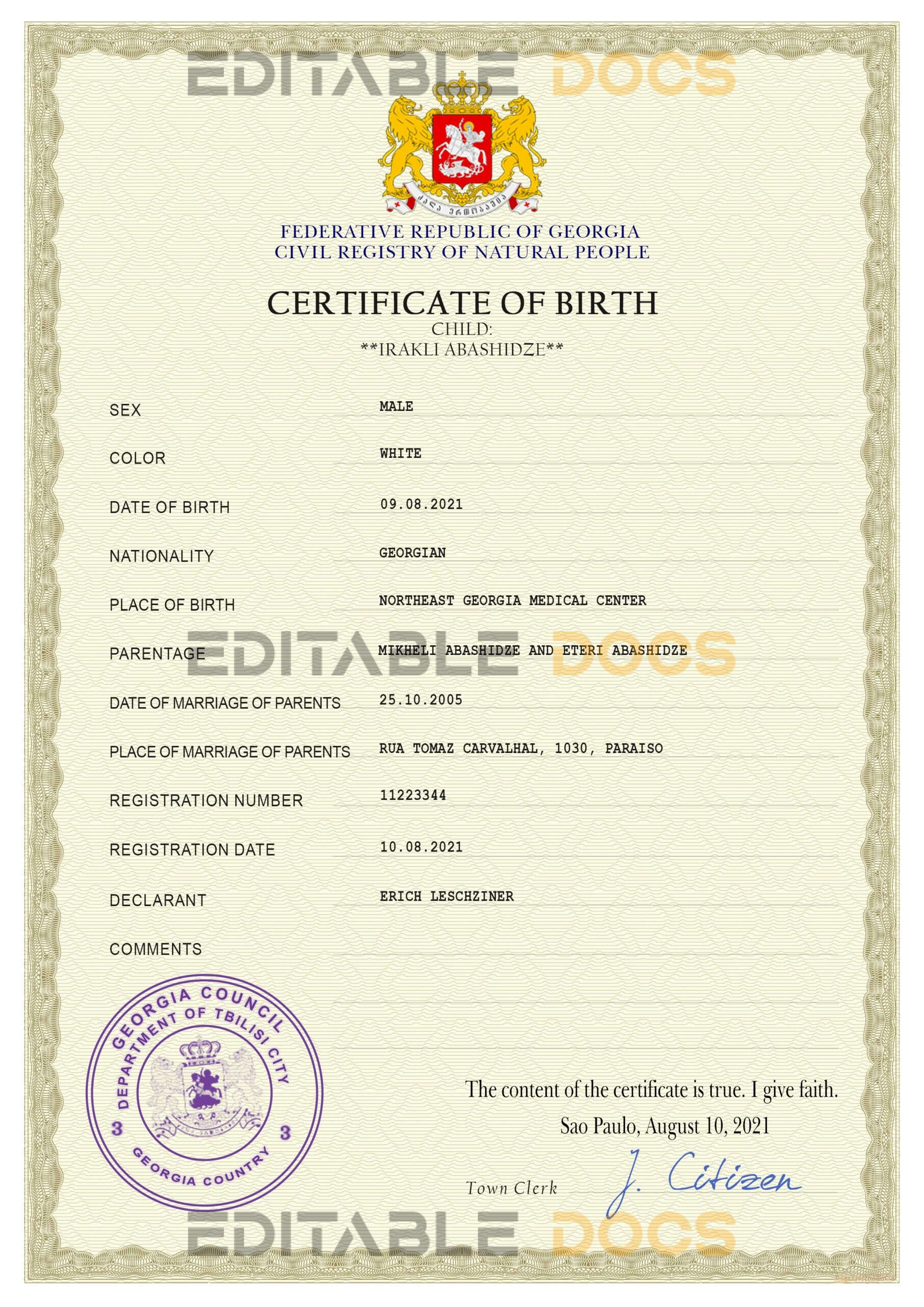 Georgia vital record birth certificate PSD template Authentic Georgia Birth Certificate Template | Customize and Download Online