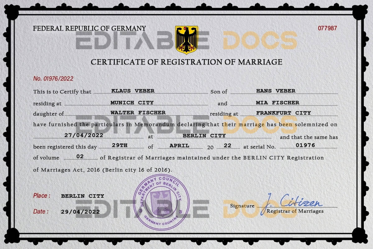 Germany Marriage Certificate Editable PSD Templates Germany Marriage Certificate Editable PSD Templates