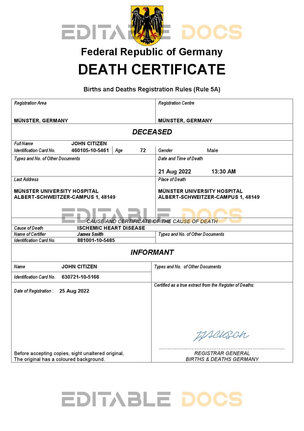 Germany death certificate Word and PDF template