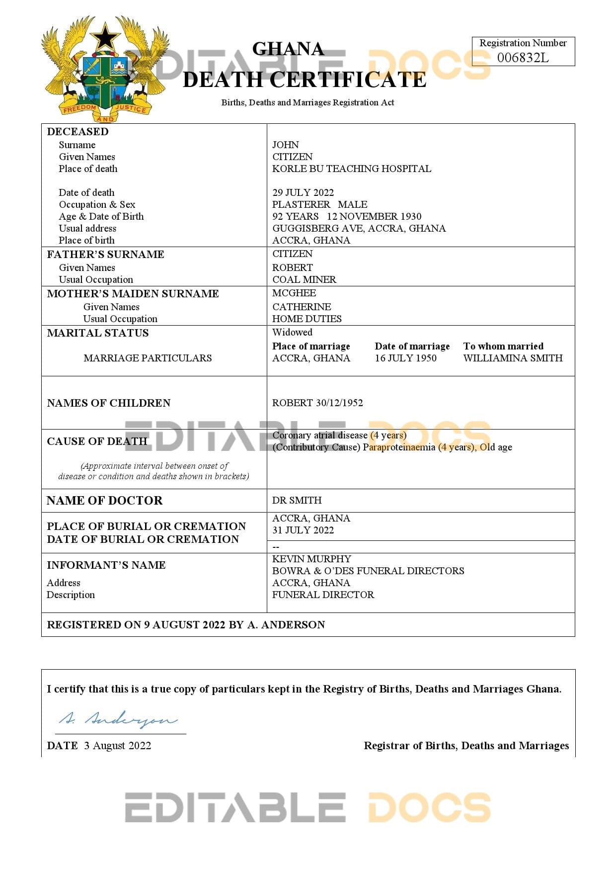 Ghana vital record death certificate Word and PDF template