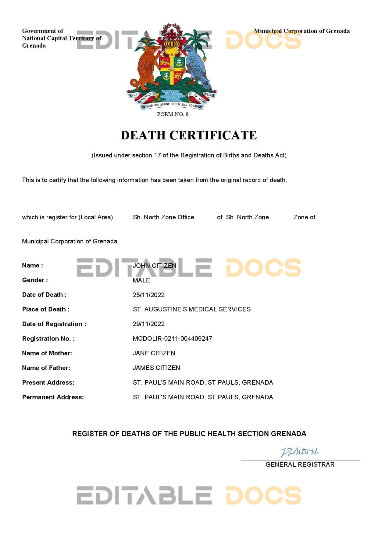 Grenada vital record death certificate Word and PDF template Grenada vital record death certificate Word and PDF template