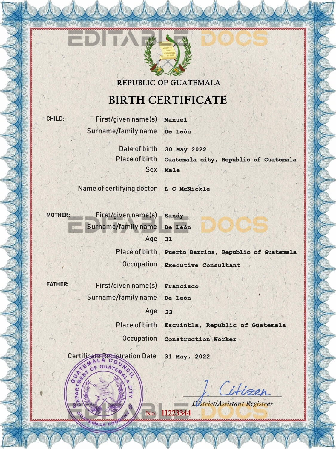 Guatemala vital record birth certificate PSD template Authentic Guatemala Birth Certificate Template | Customize and Download Online