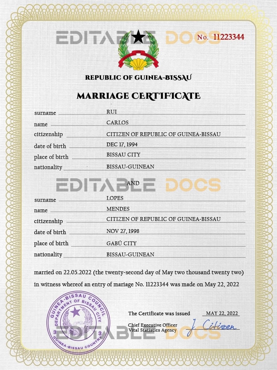 Guniea Bissau Marriage Certificate Editable PSD Templates