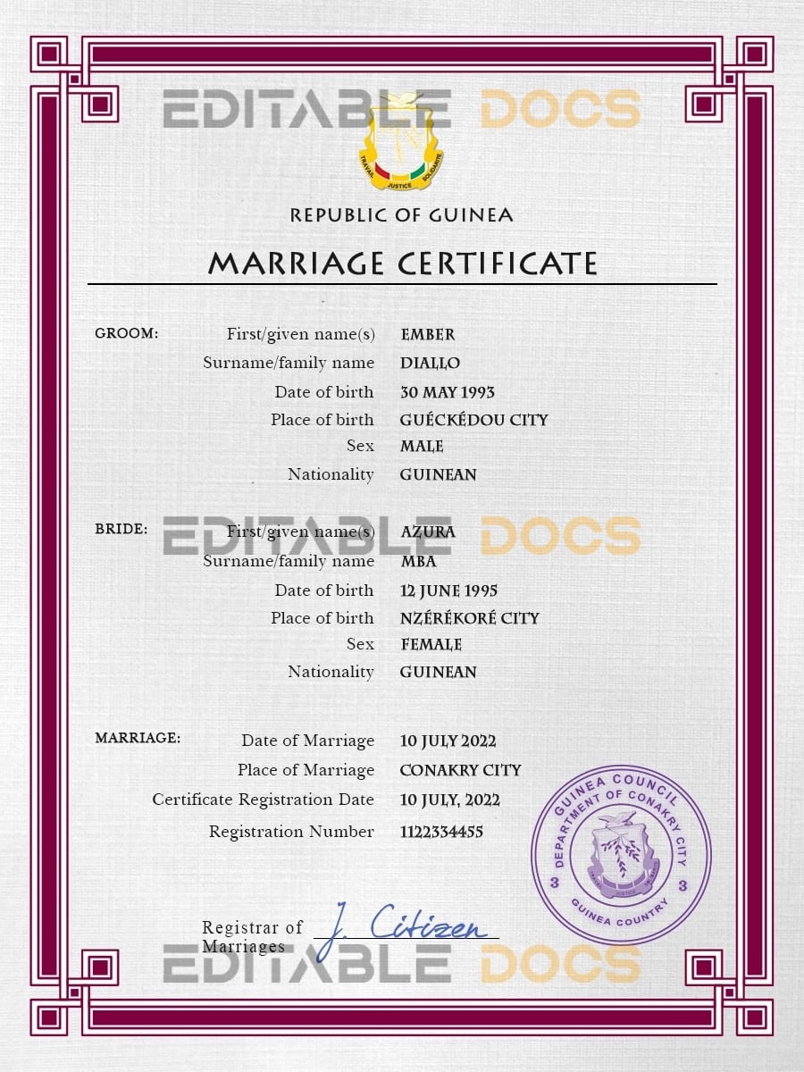Guniea Marriage Certificate Editable PSD Templates
