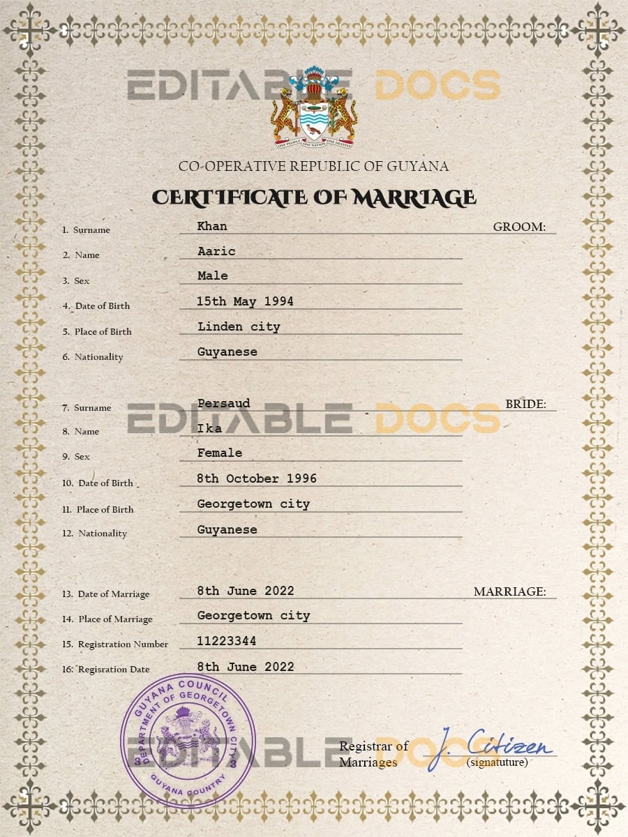 Guyana Marriage Certificate Editable PSD Templates