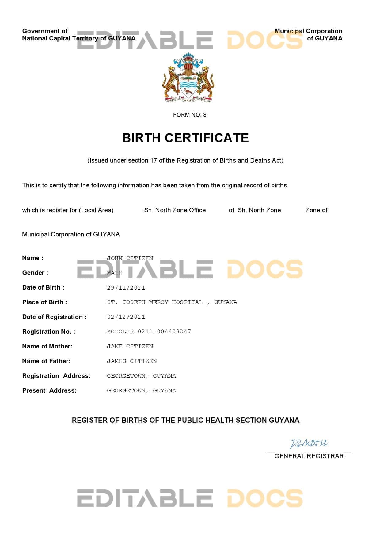 Guyana-birth-certificate.jpg Guyana vital record birth certificate Word and PDF template