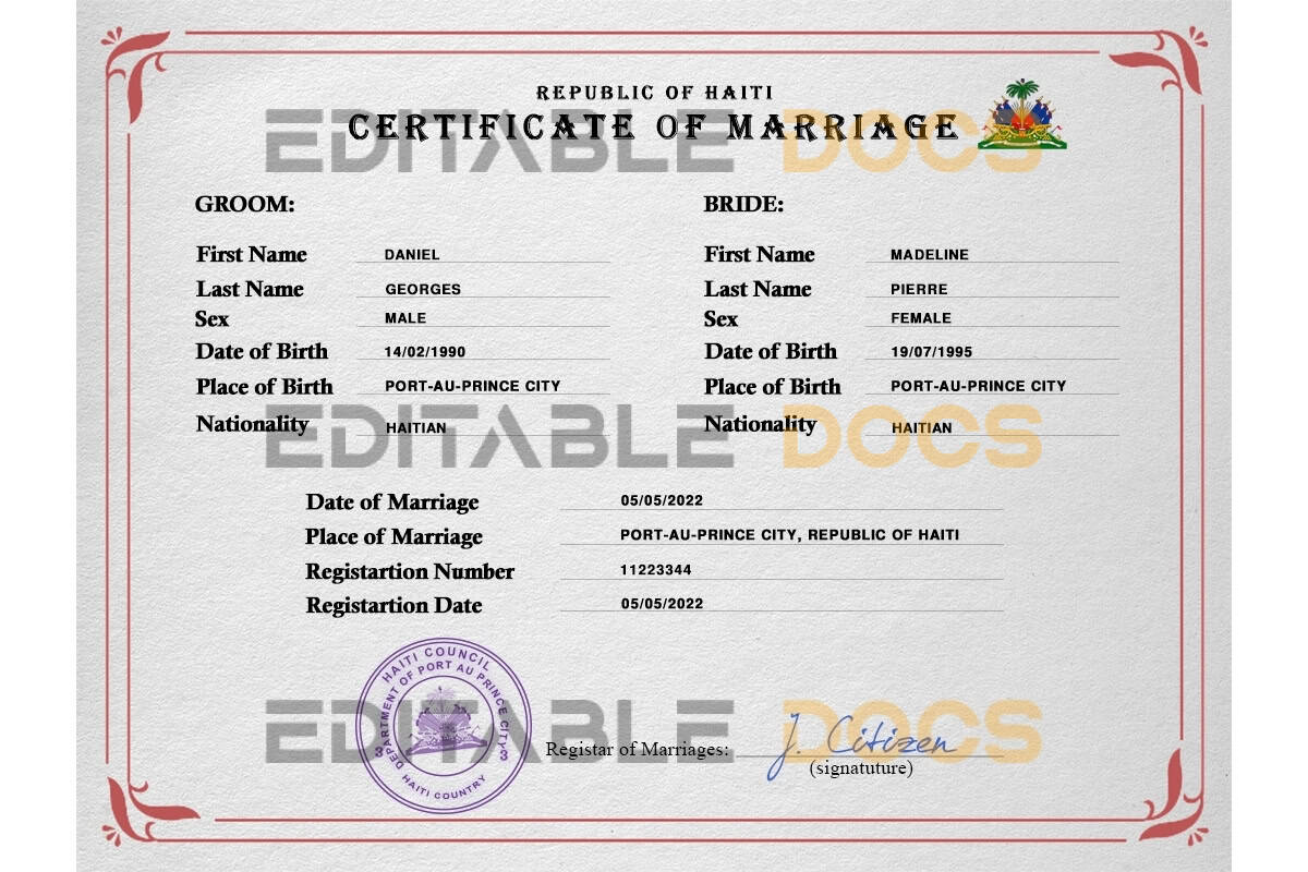 Haiti Marriage Certificate Editable PSD Templates Haiti Marriage Certificate Editable PSD Templates