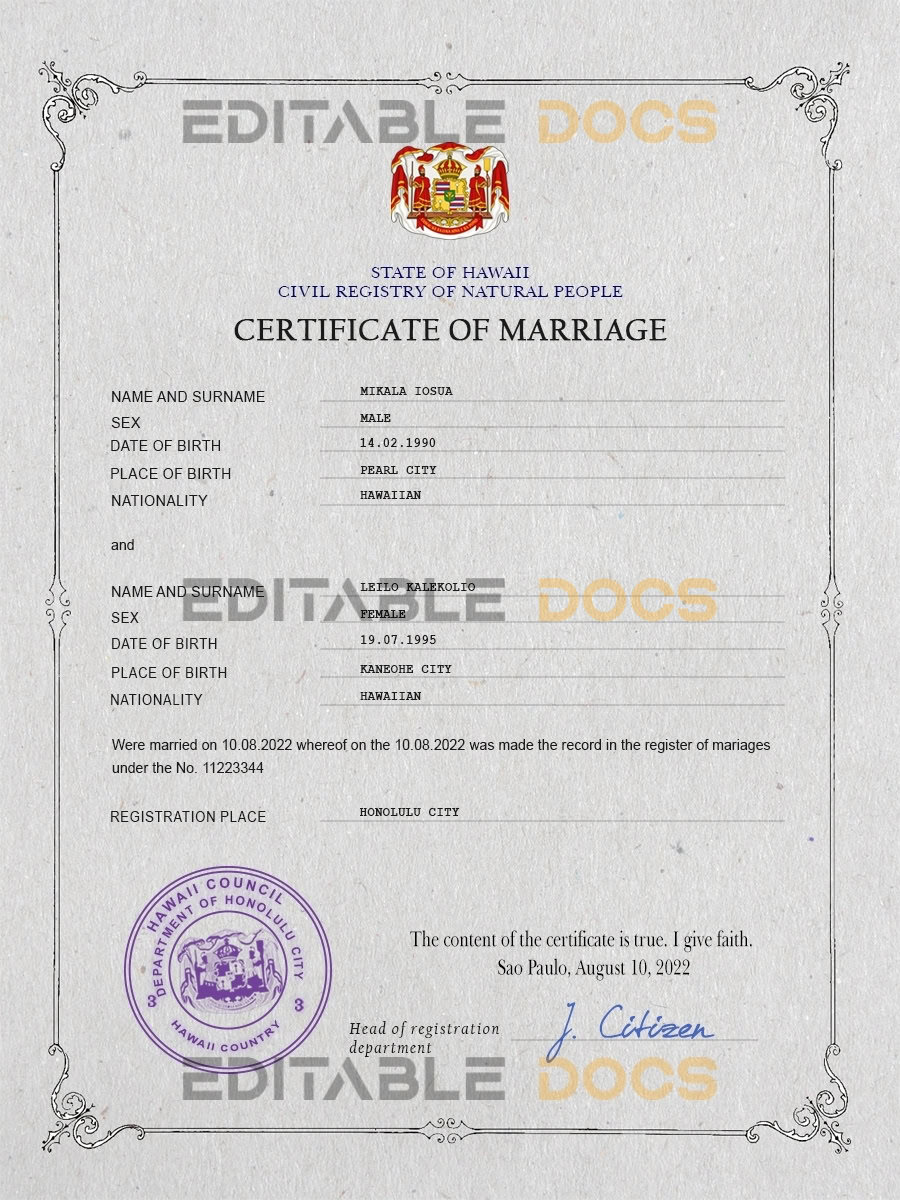 Hawaii Marriage Certificate Editable PSD Templates Hawaii Marriage Certificate Editable PSD Templates