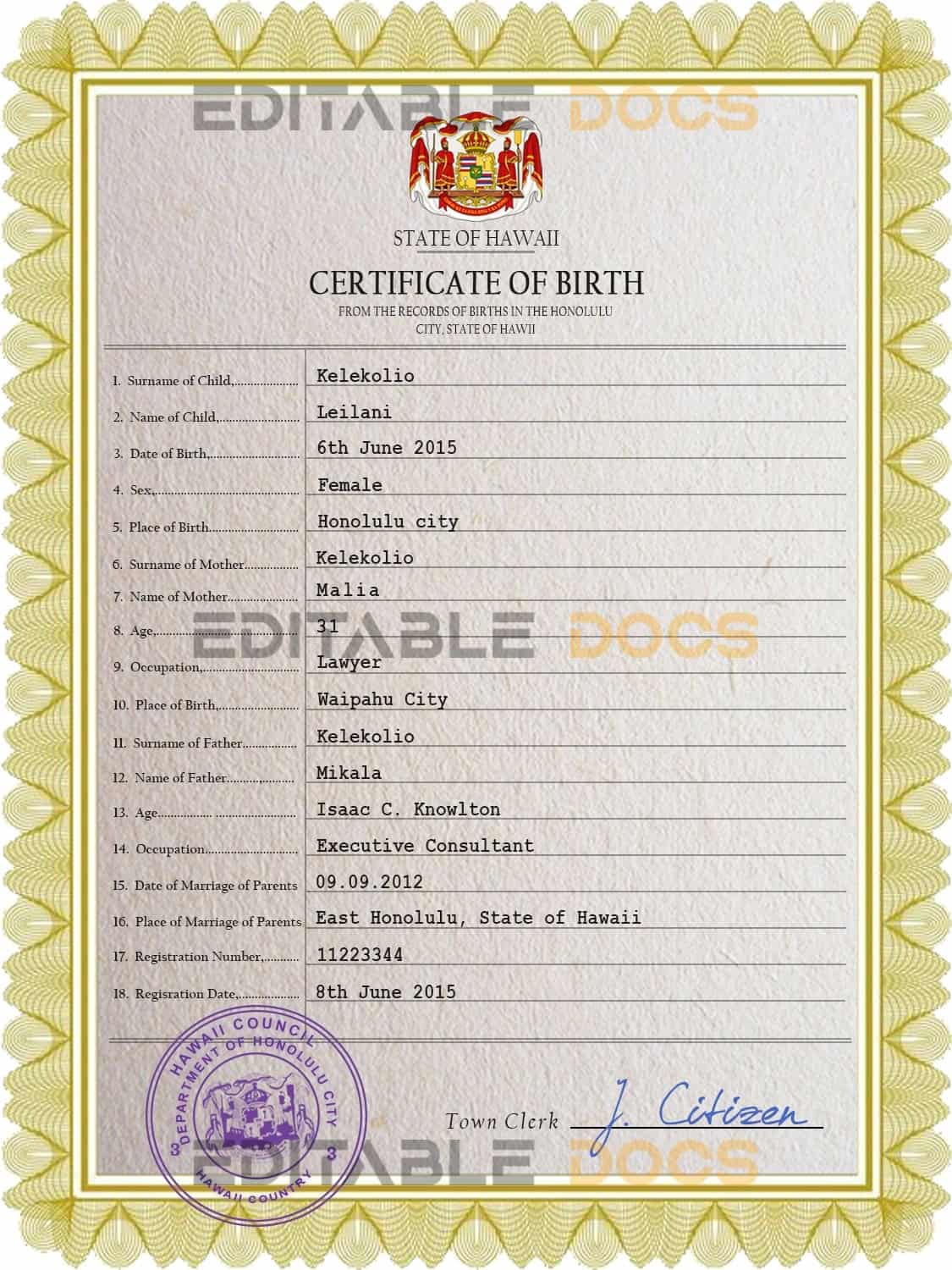 Hawaii birth certificate PSD template Authentic Hawaii Birth Certificate Template | Customize and Download Online