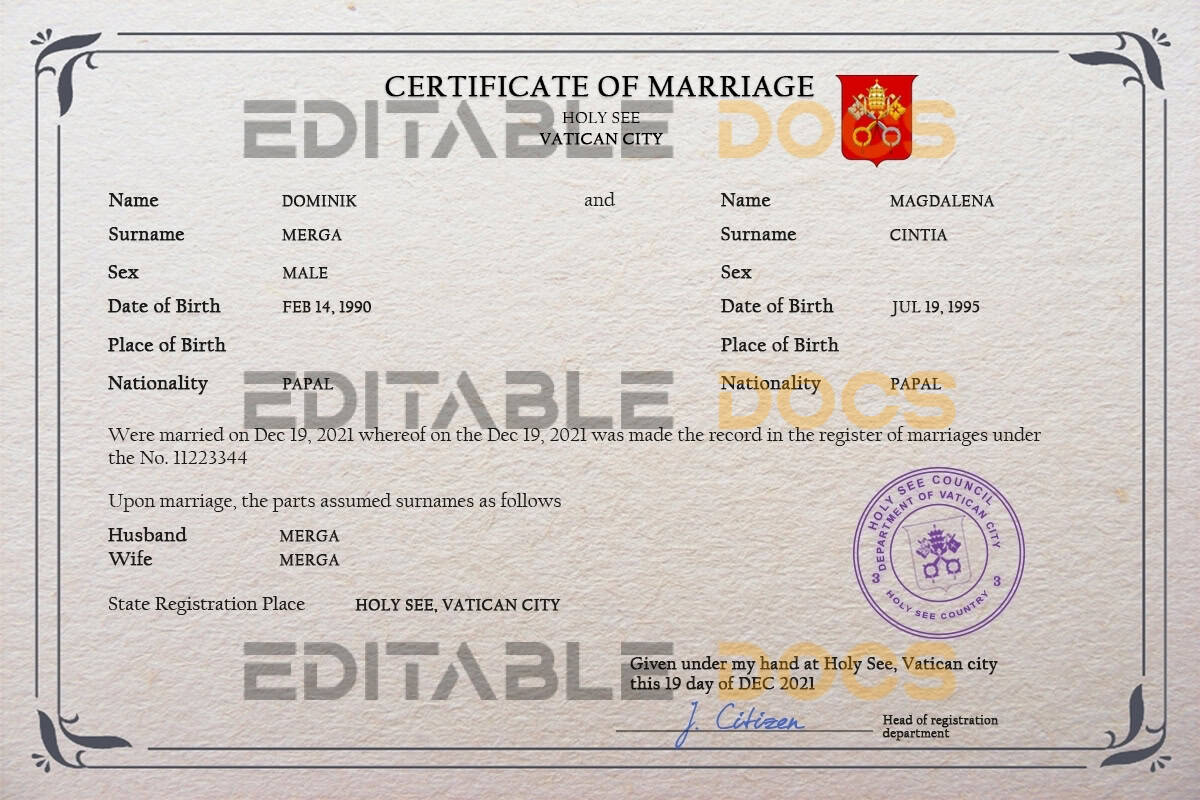 Holy See Marriage Certificate Editable PSD Templates Holy See Marriage Certificate Editable PSD Templates
