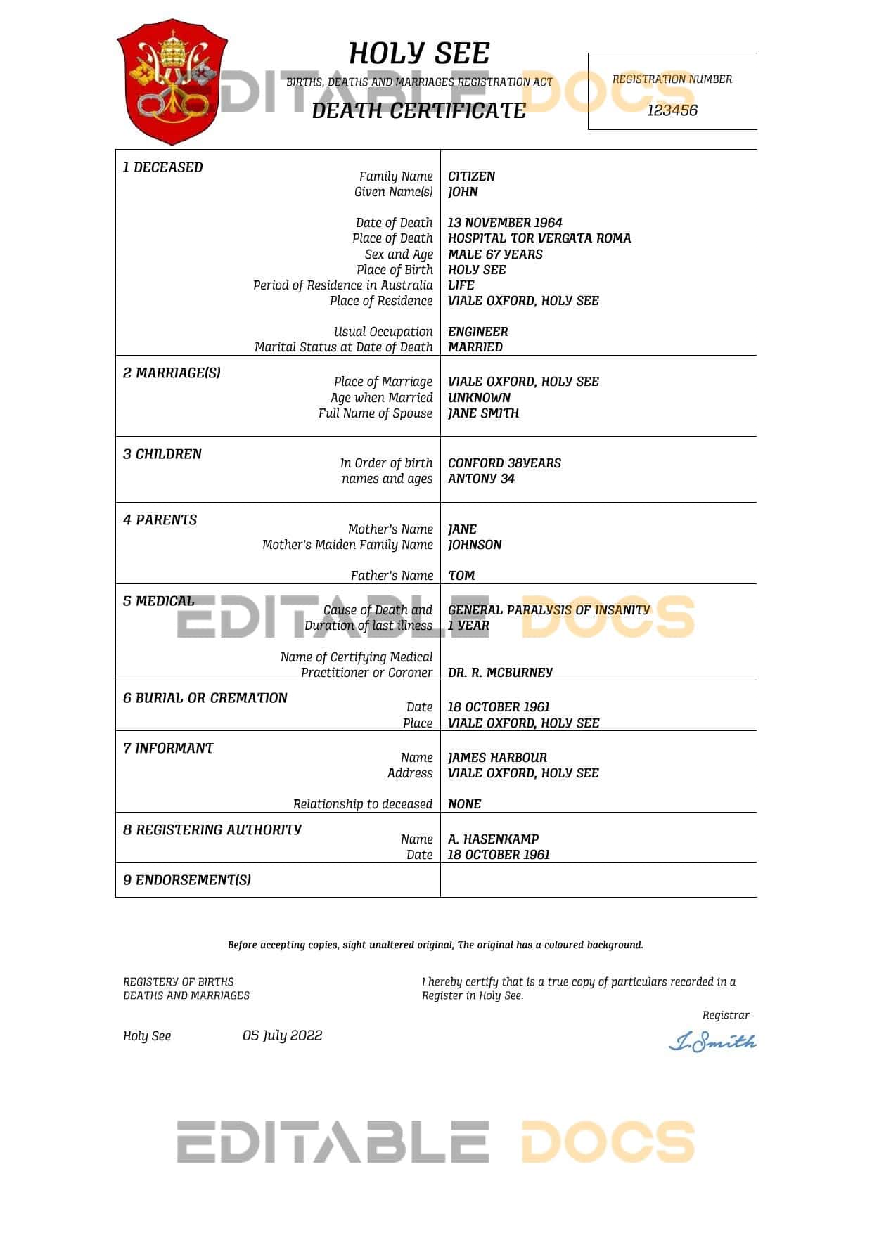 Holy See vital record death certificate Word and PDF template Holy See vital record death certificate Word and PDF template