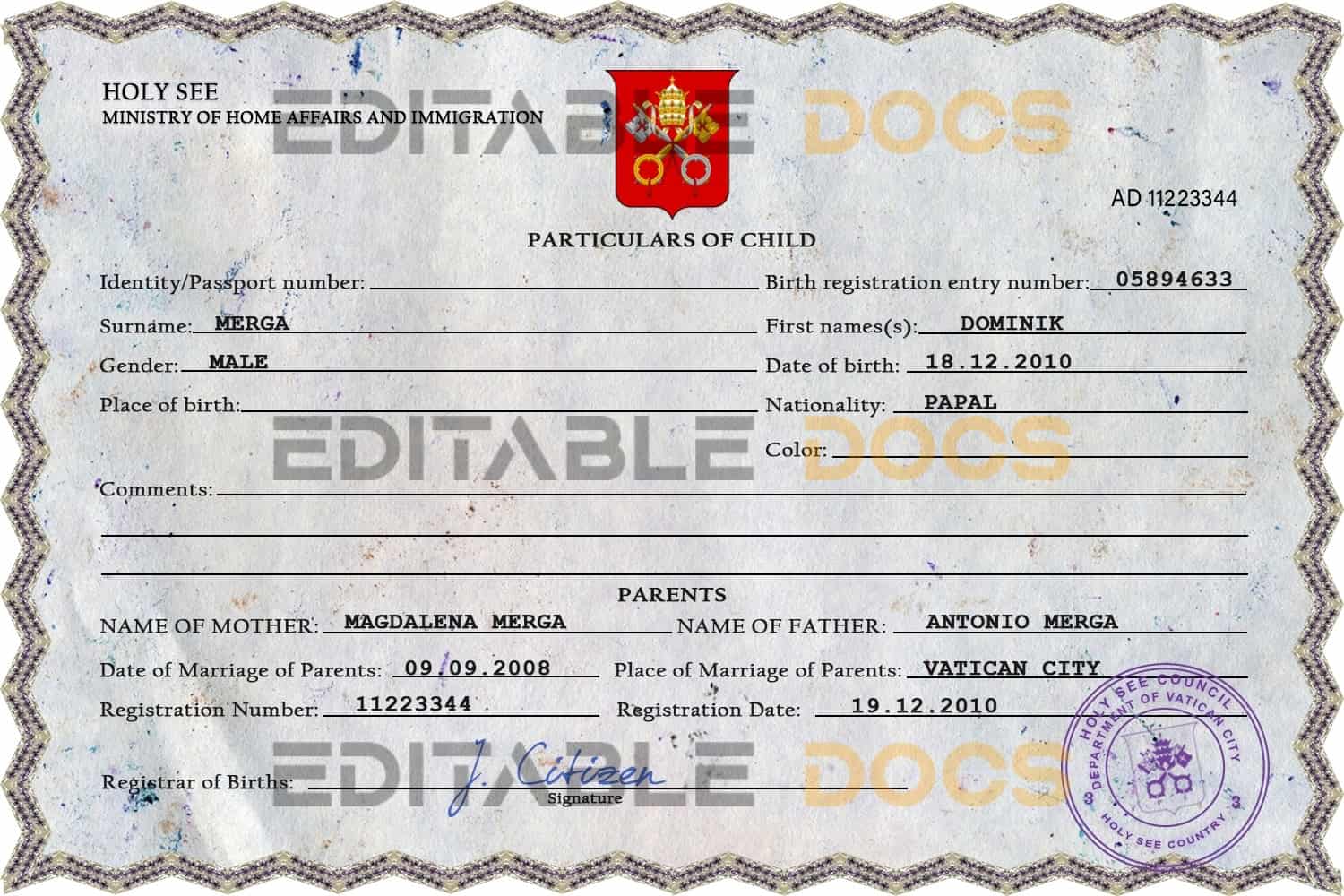 Holy See vital record birth certificate PSD template Authentic Holy See Birth Certificate Template | Customize and Download Online
