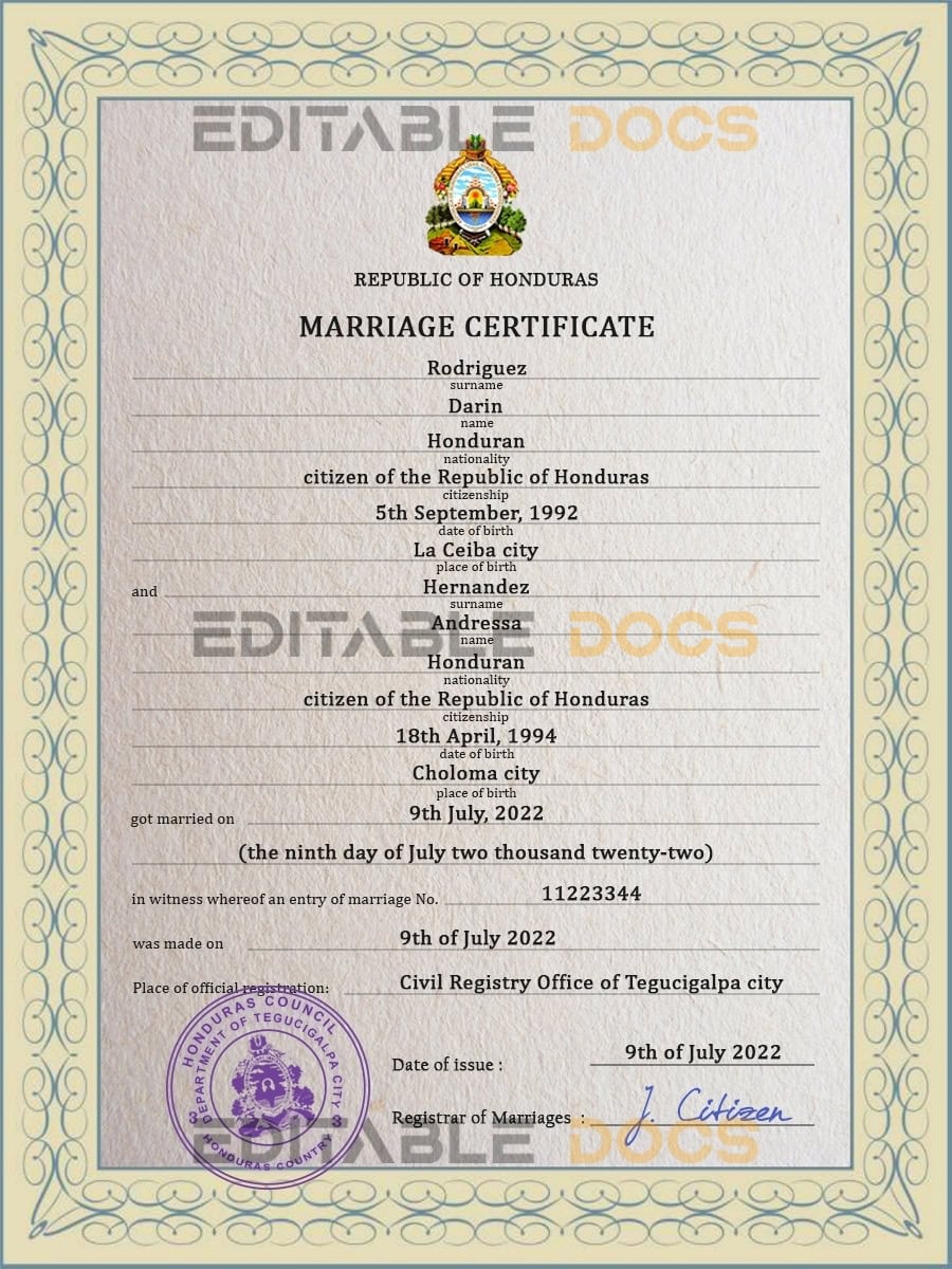 Honduras marriage certificate Word and PDF template