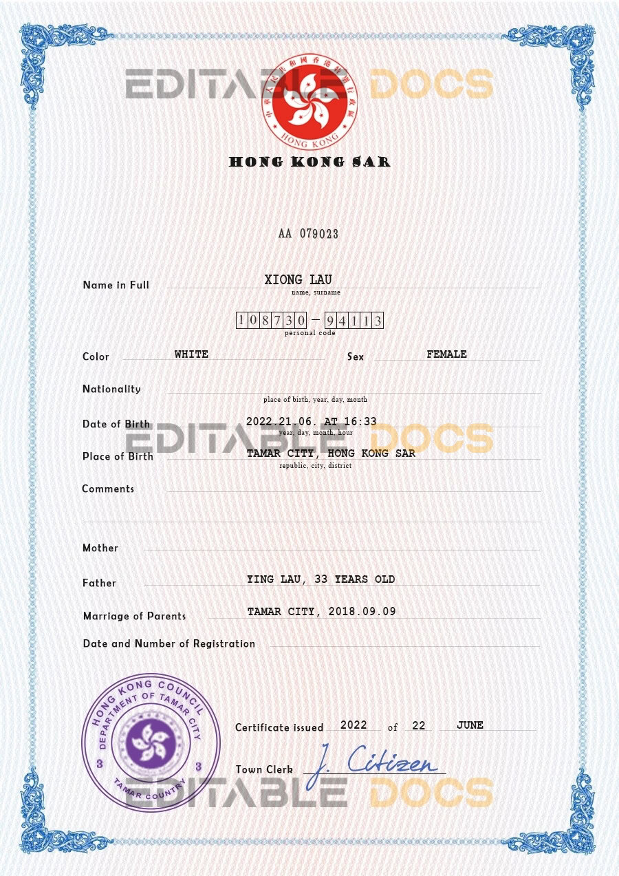 Hong-Kong vital record birth certificate PSD template Authentic Hong-Kong Birth Certificate Template | Customize and Download Online