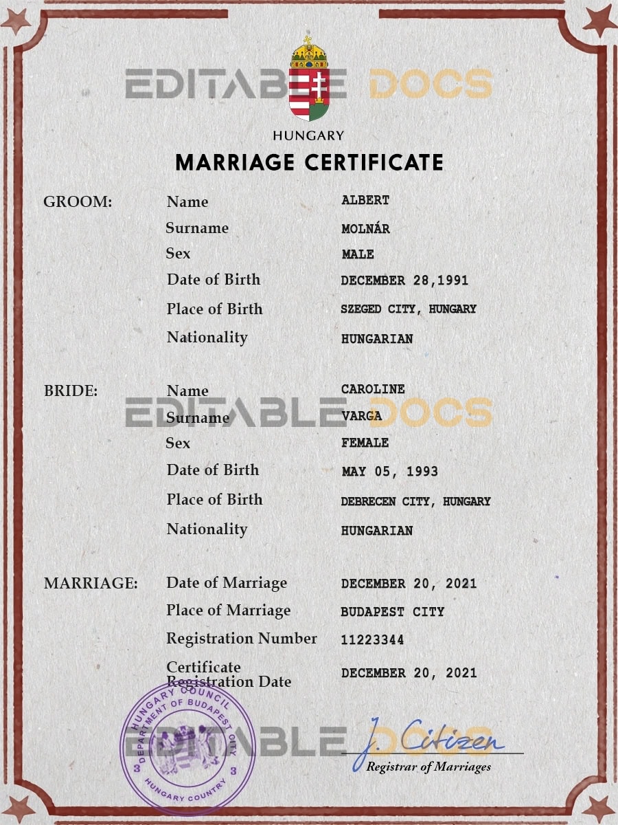 Hungary Marriage Certificate Editable PSD Templates Hungary Marriage Certificate Editable PSD Templates