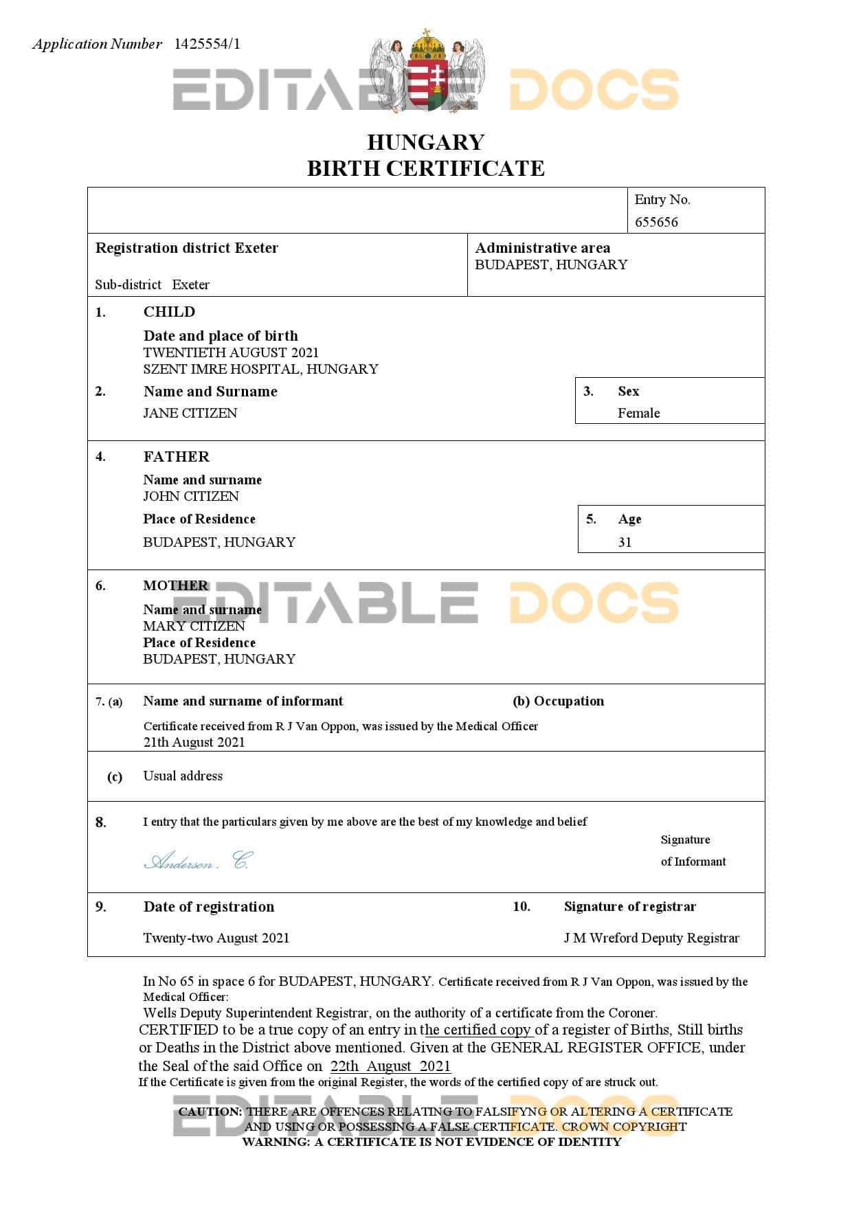 Hungary-birth-certificate.jpg Hungary vital record birth certificate Word and PDF template