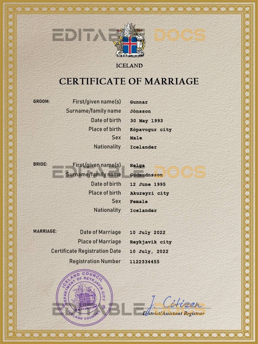 Iceland marriage certificate Word and PDF template