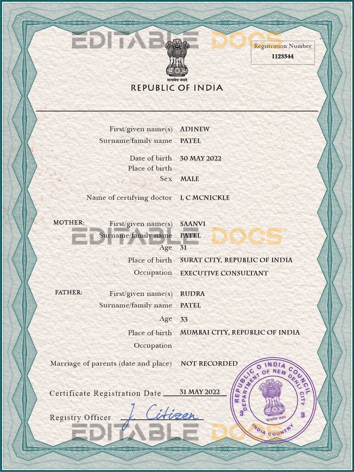India vital record birth certificate PSD template Authentic India Birth Certificate Template | Customize and Download Online